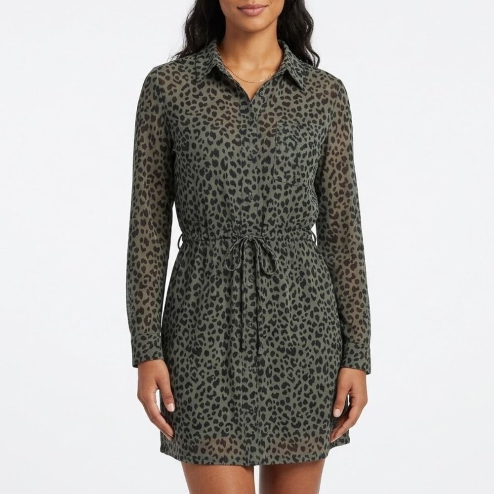 H&M Divided Green Leopard Print Long Sleeve Shirt Dress Mini Viscose Size 12